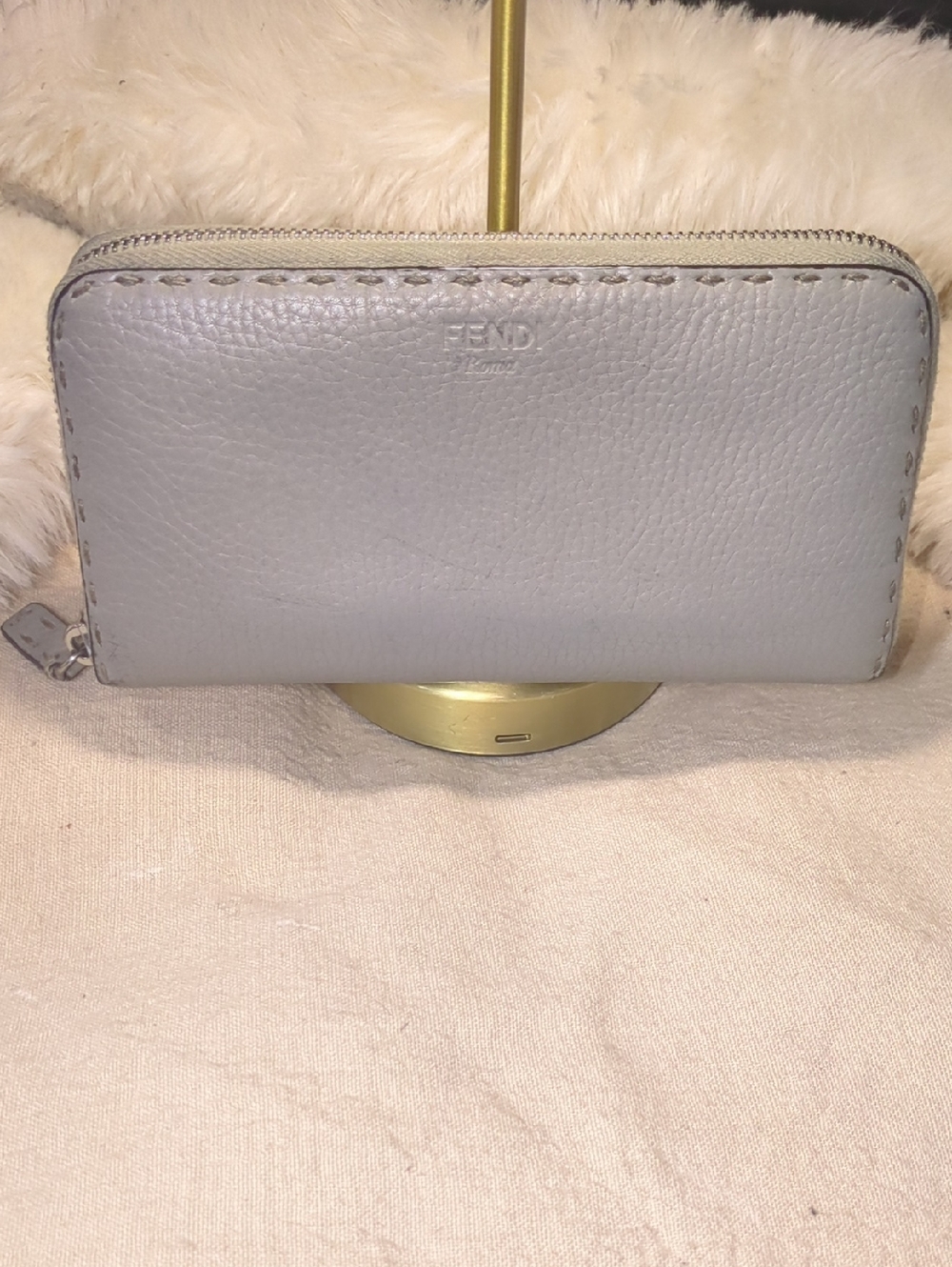 Fendi Zip-Around Pebbled Leather Wallet in Light Gray $125